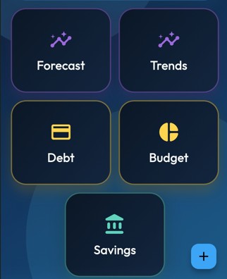 LumaFlow dashboard tools for Forecast, Trends, Debt, Budget, and Savings